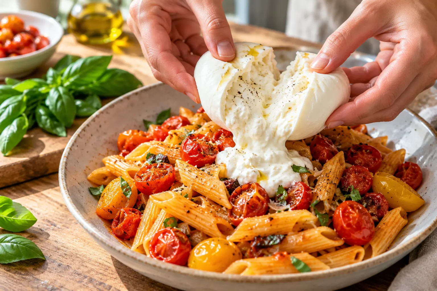 Burrata light ouverte déposée sur les pâtes aux tomates cerises rôties avec basilic frais