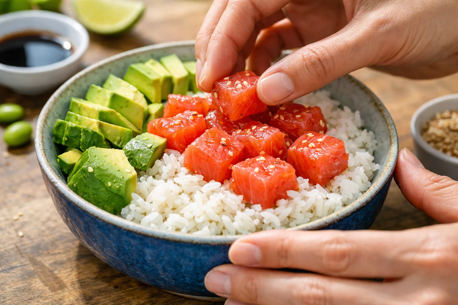 Mains disposant des cubes de saumon mariné brillants sur un bol de riz à sushi avec garnitures colorées déjà en place, geste soigné
