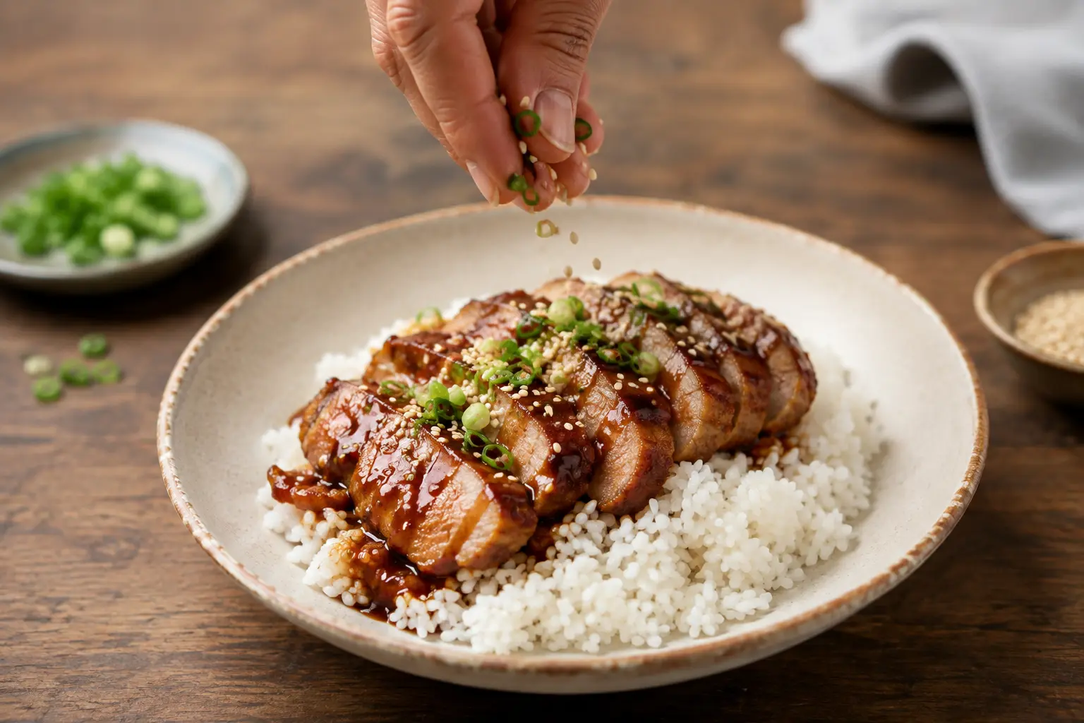 Dressage du porc teriyaki avec graines de sésame et oignons verts sur du riz