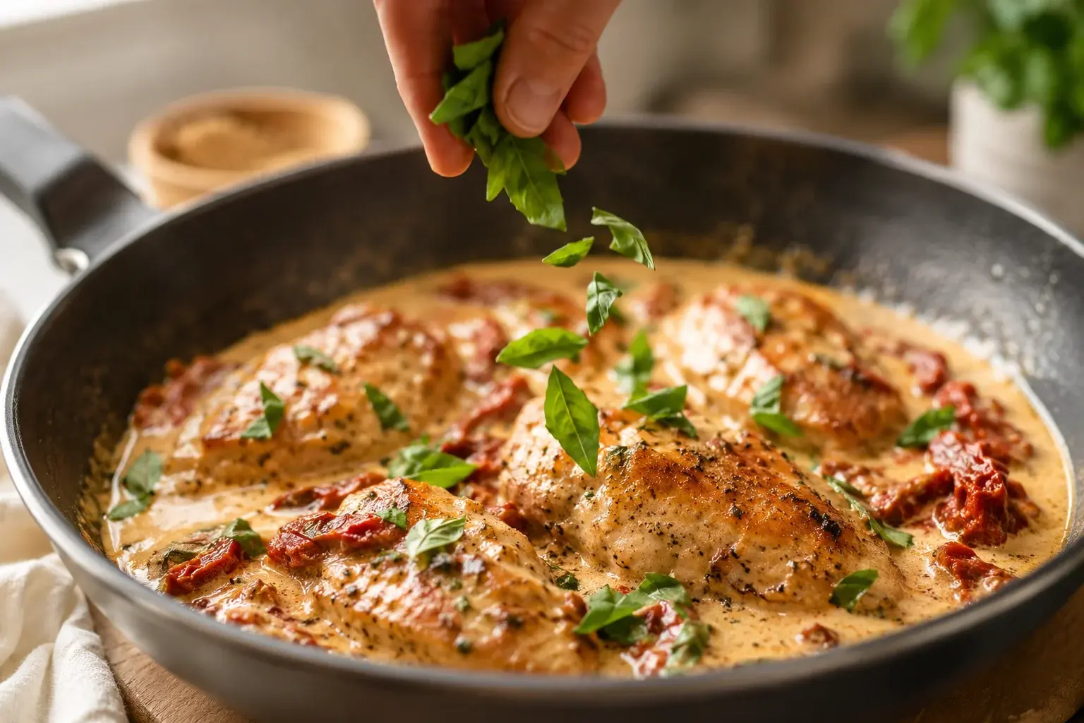 Poulet Marry Me dressé avec basilic frais parsemé sur le dessus