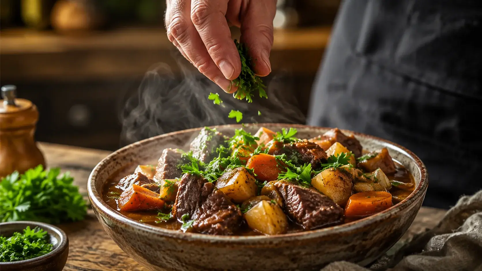 Main parsemant du persil frais haché sur un bol de ragoût de bœuf fumant avec légumes racines et sauce brune brillante