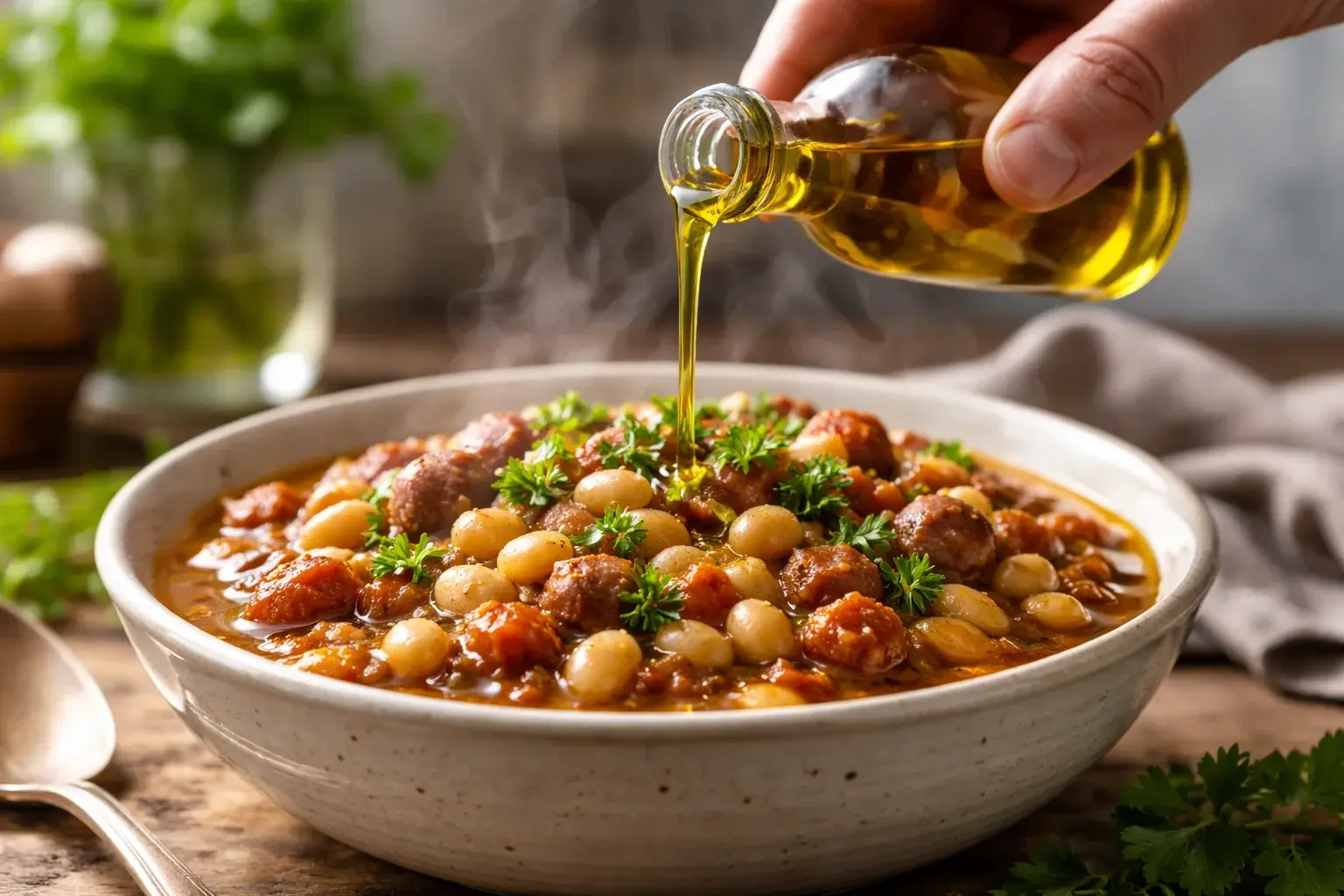 Main versant un filet d'huile d'olive sur un bol de ragoût de haricots blancs fumant avec persil frais