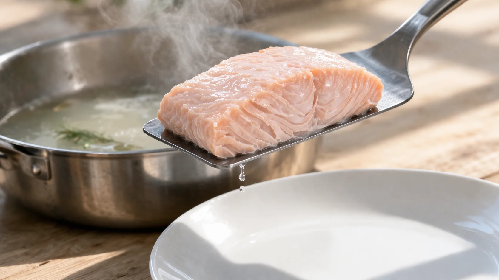 Pavé de saumon poché nacré et moelleux dans une assiette blanche, sauce yaourt-aneth verte versée à côté, brin d'aneth frais et rondelle de citron en décoration