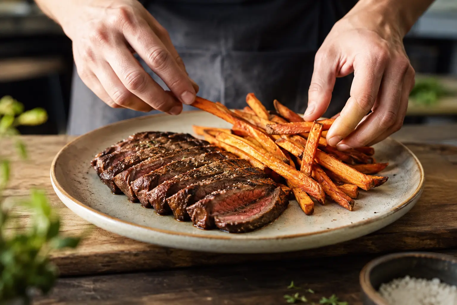 Assiette dressée avec un steak de bœuf tranché et des frites de patate douce dorées