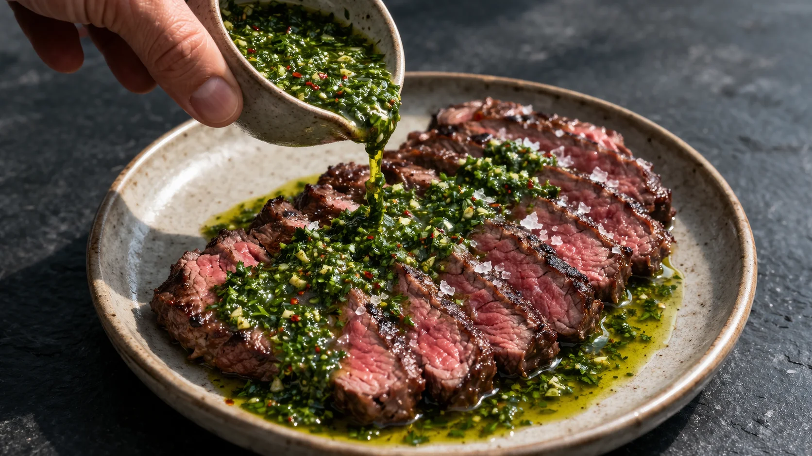 Tranches de steak grillé rosées en éventail dans une assiette, sauce chimichurri verte herbacée versée généreusement sur la viande, fond ardoise sombre