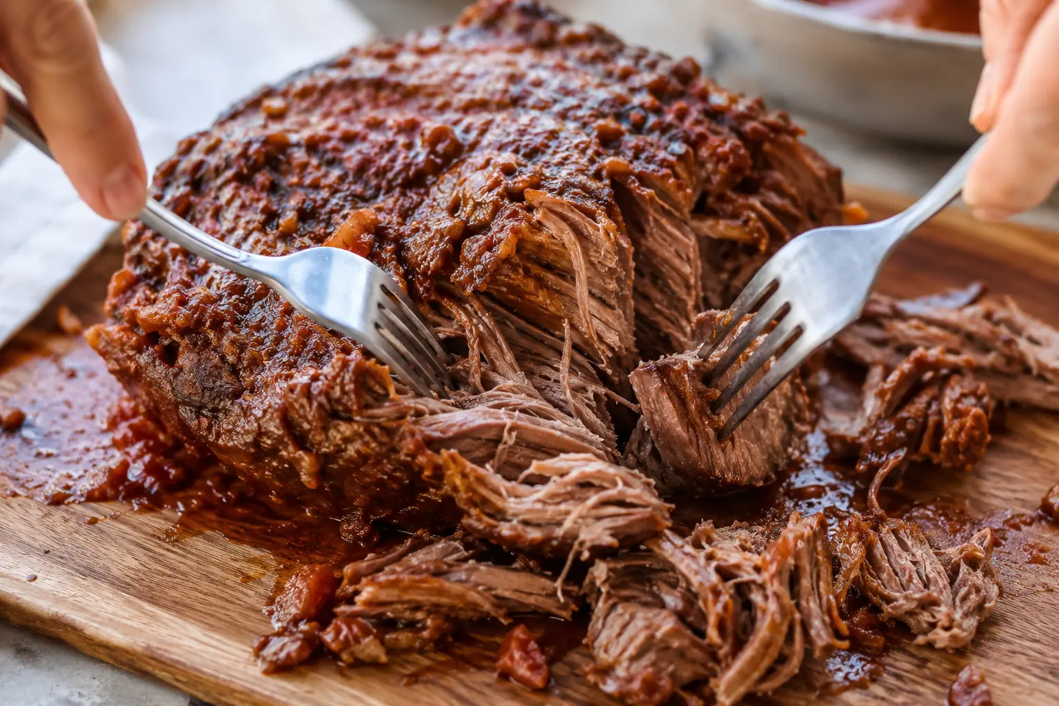 Bœuf de birria en train d'être effiloché à la fourchette sur une planche