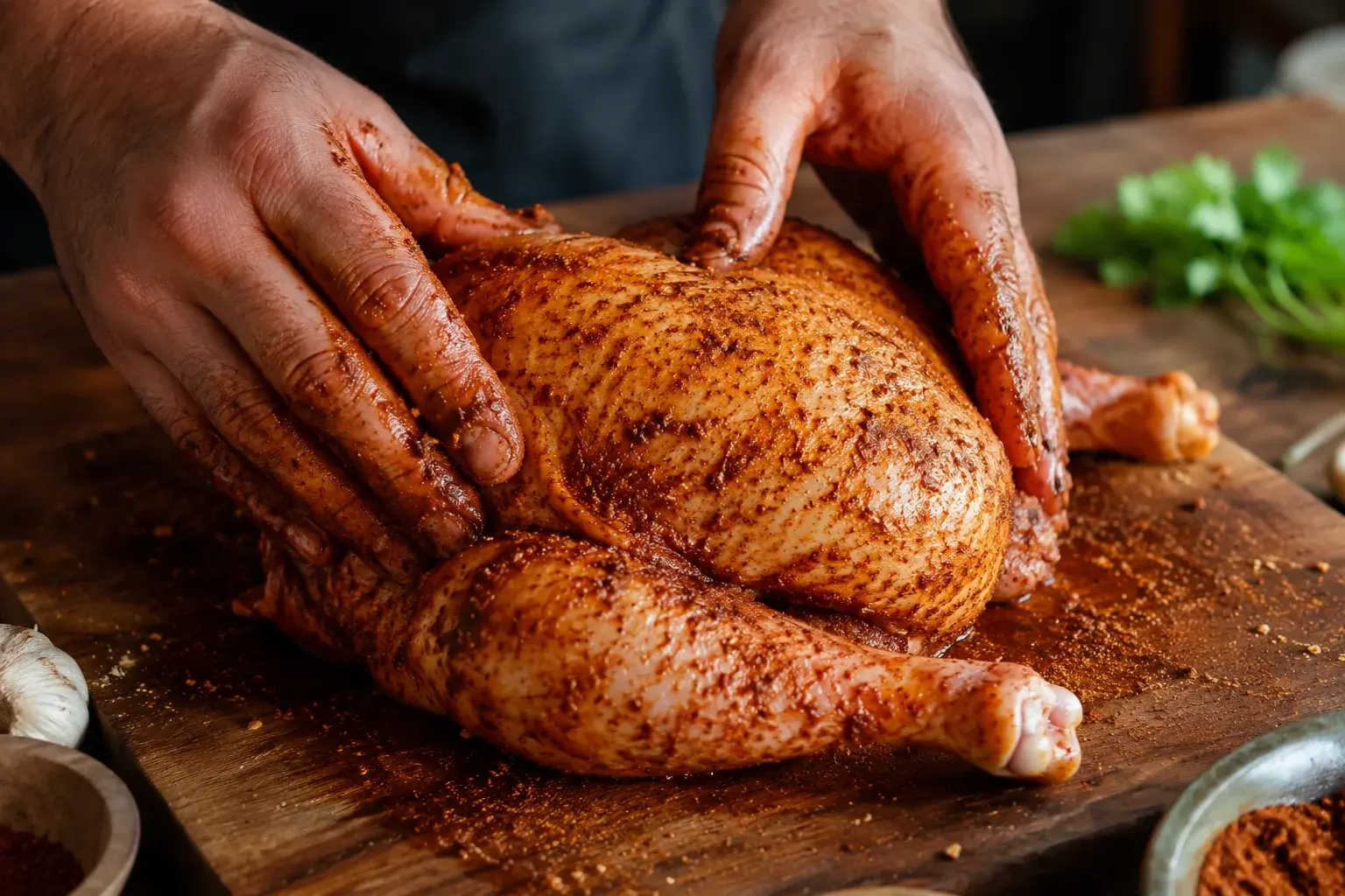 Mains qui massent un poulet entier cru avec un mélange d'épices rouge-brun cajun, peau bien enrobée et colorée