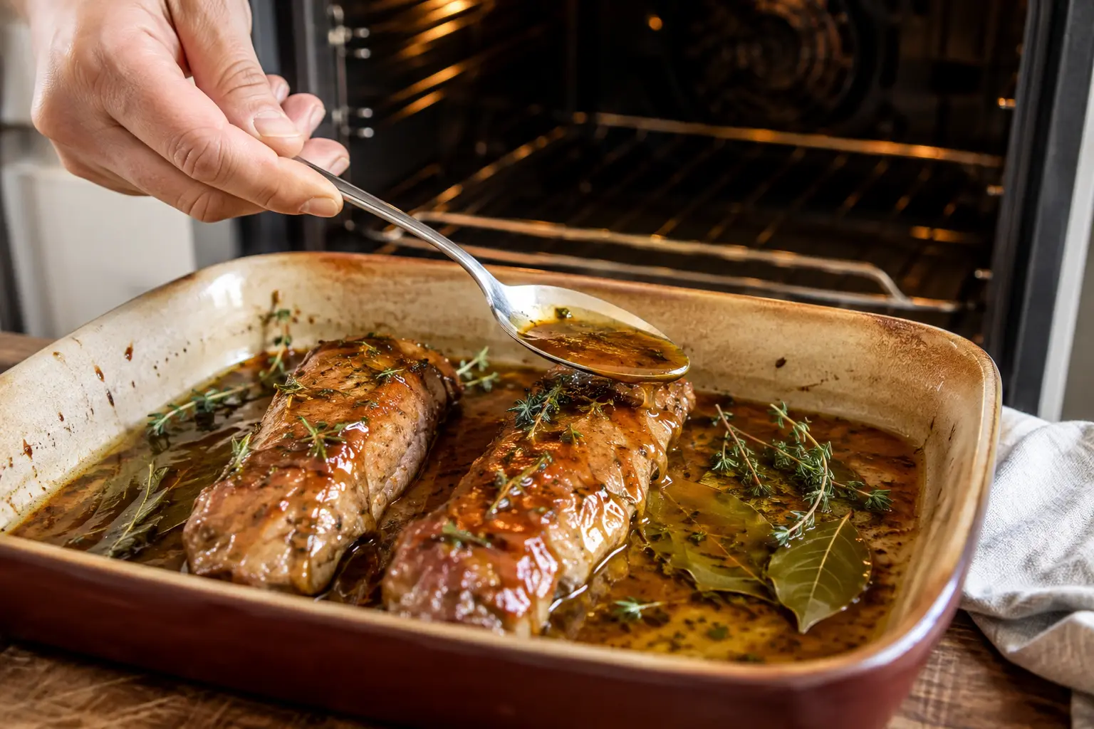 Rôti de porc au miel dans un plat au four avec jus de cuisson