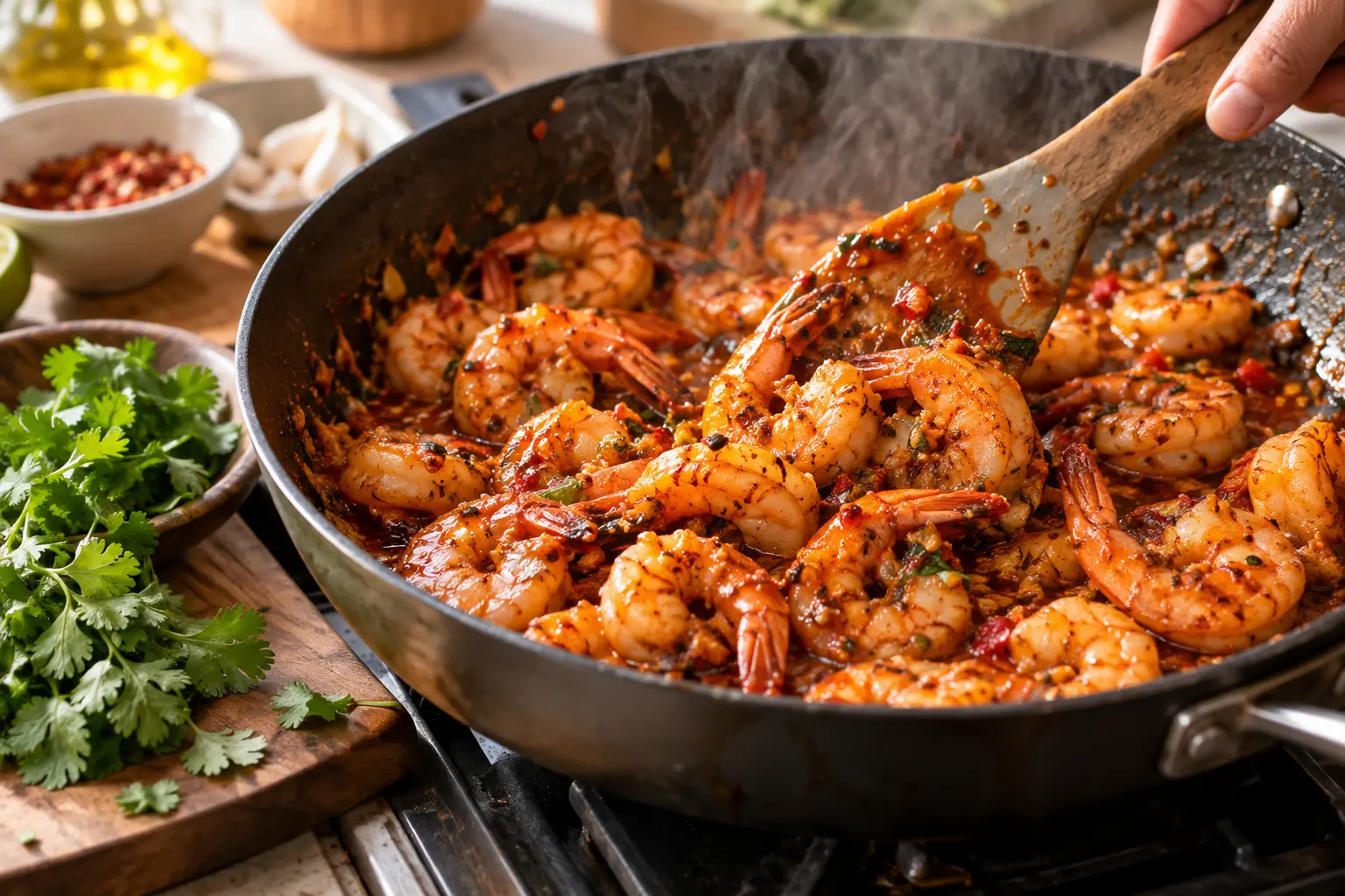 Crevettes enrobées de sauce piquante dans la poêle, garnies de coriandre fraîche