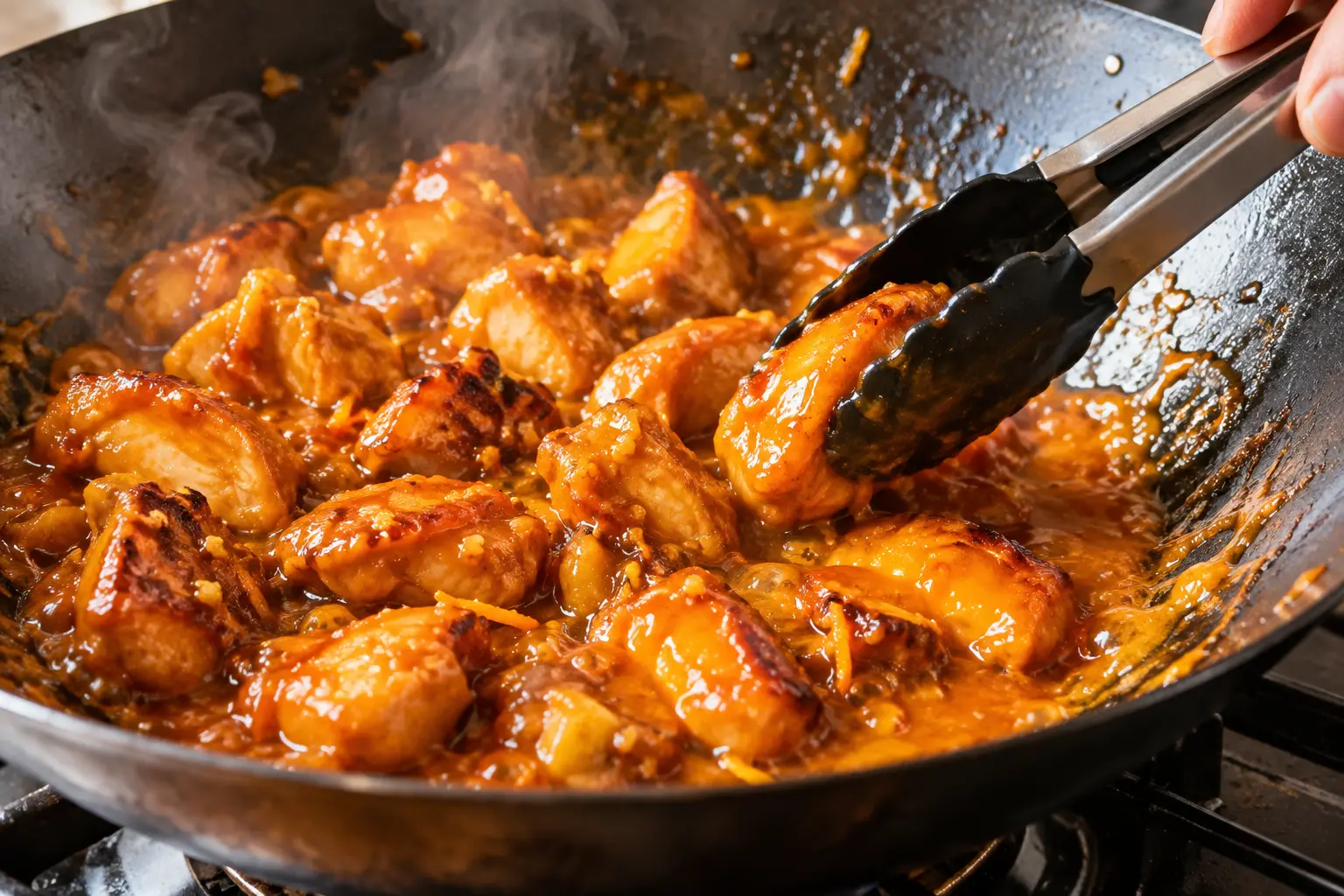 Poulet en train d'être enrobé de sauce orange brillante dans le wok