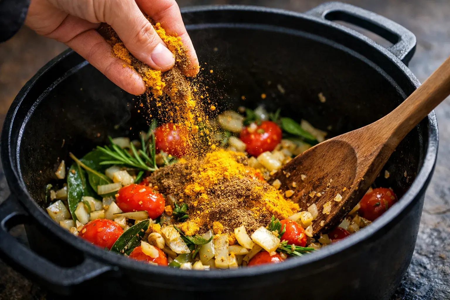 Mélange d'épices versé sur les aromates dans la cocotte, spatule remuant la préparation dorée