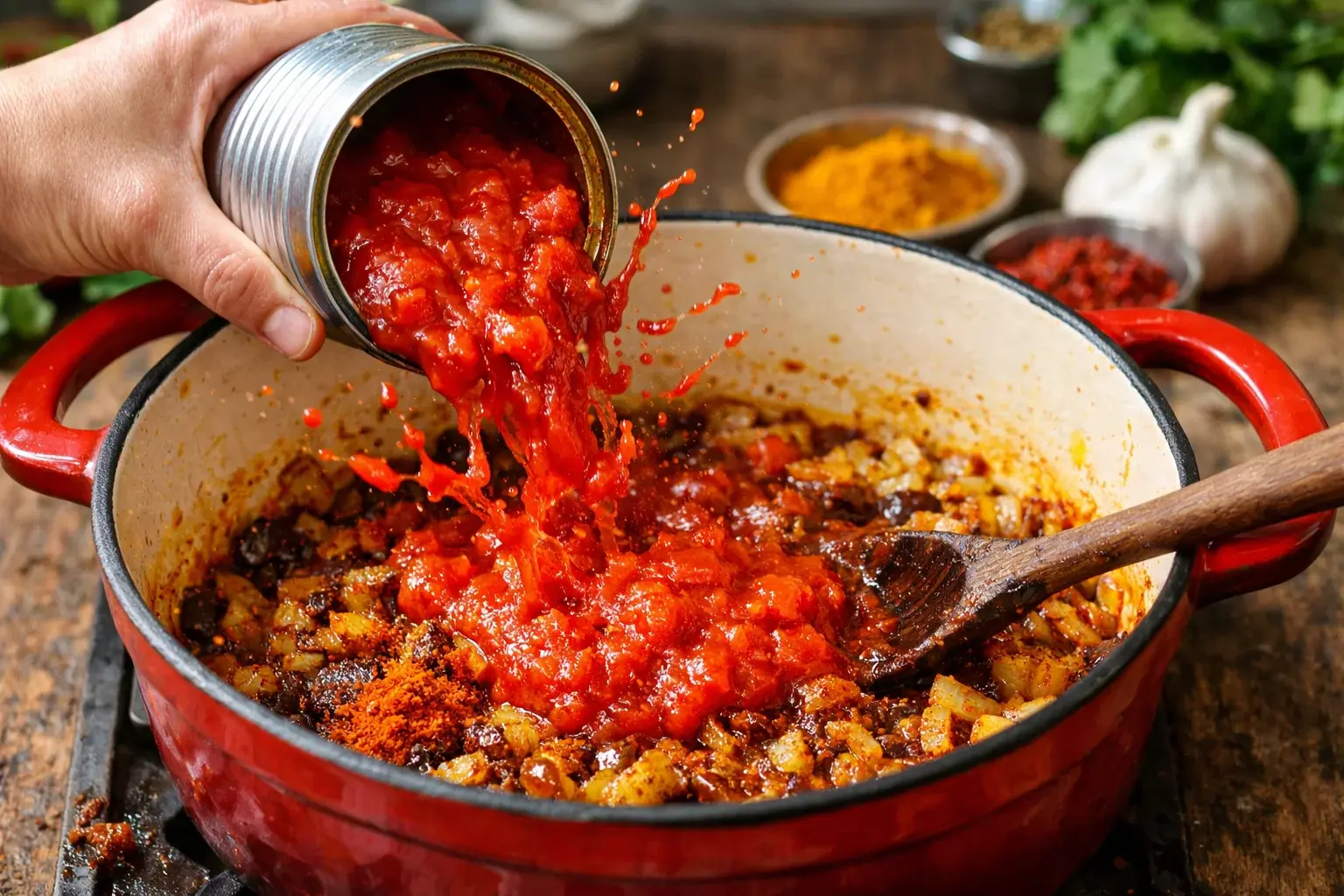 Mélange de tomates concassées ajouté sur les épices et oignons caramélisés dans la cocotte, sauce rouge foncé bouillonnante
