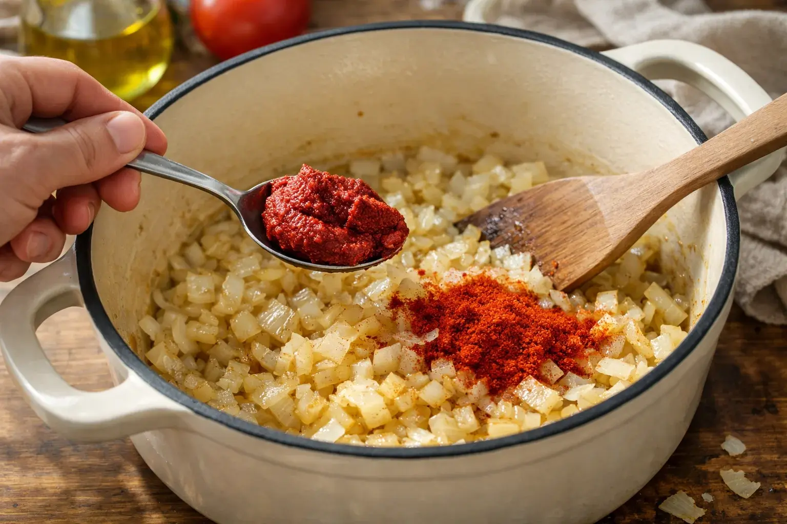 Concentré de tomates et épices ajoutés sur les oignons dorés dans la cocotte, spatule remuant vigoureusement