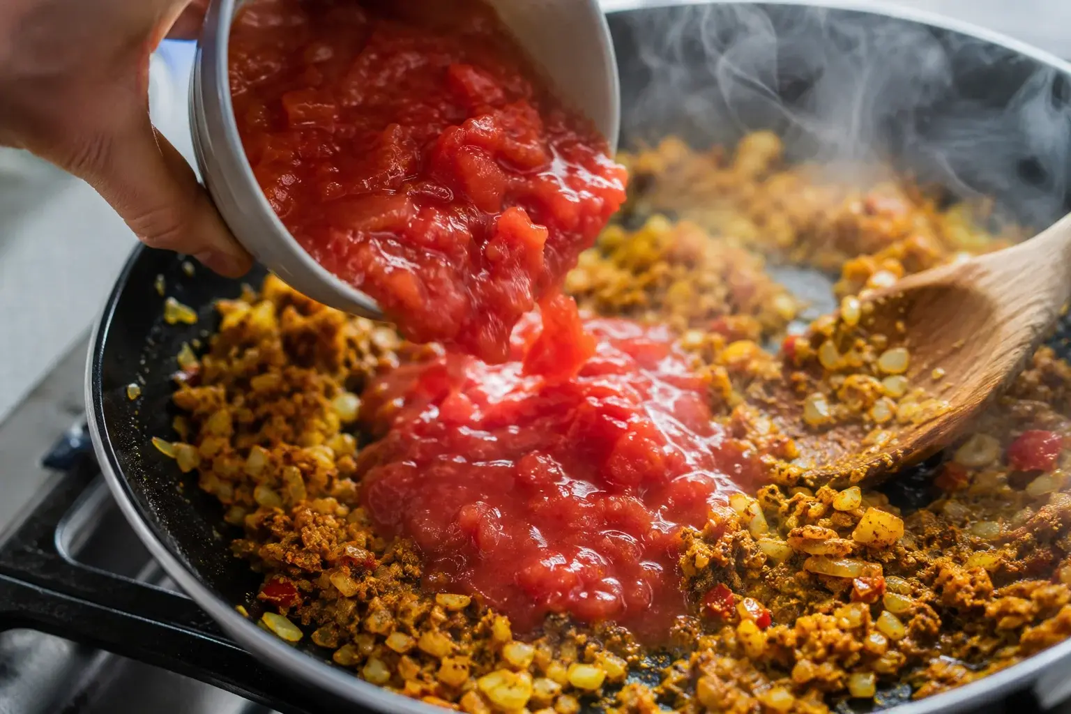 Sauce tomate aux épices en train de mijoter dans la poêle