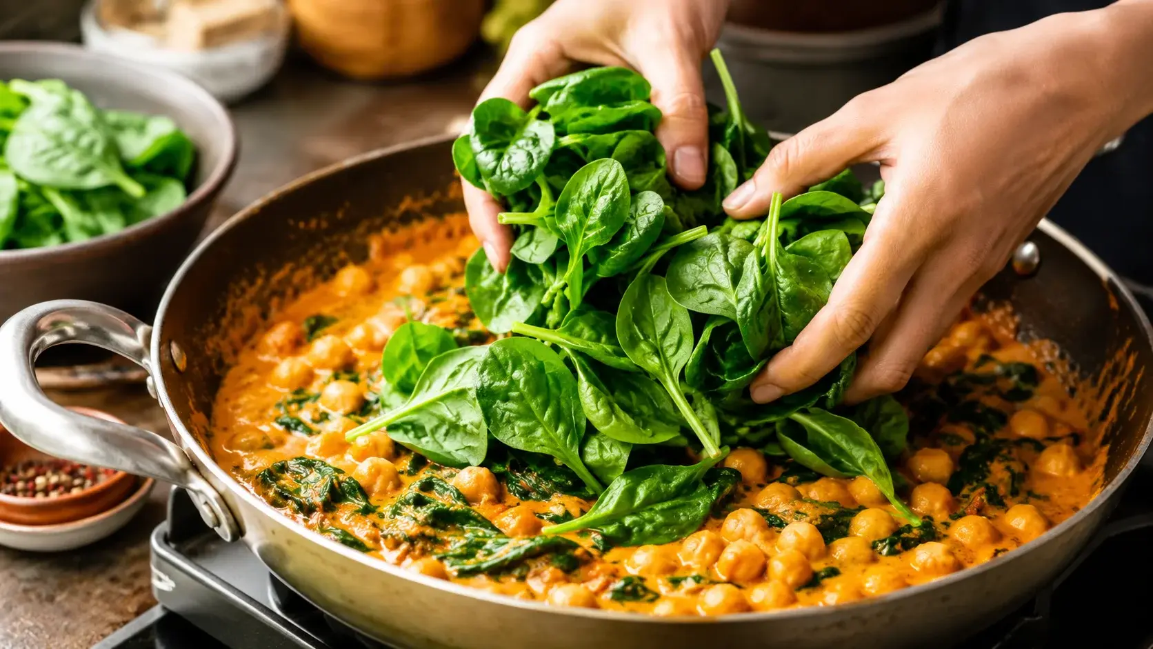 Mains ajoutant une poignée d'épinards frais verts vifs dans le curry de pois chiches orange, épinards en train de fondre dans la sauce chaude