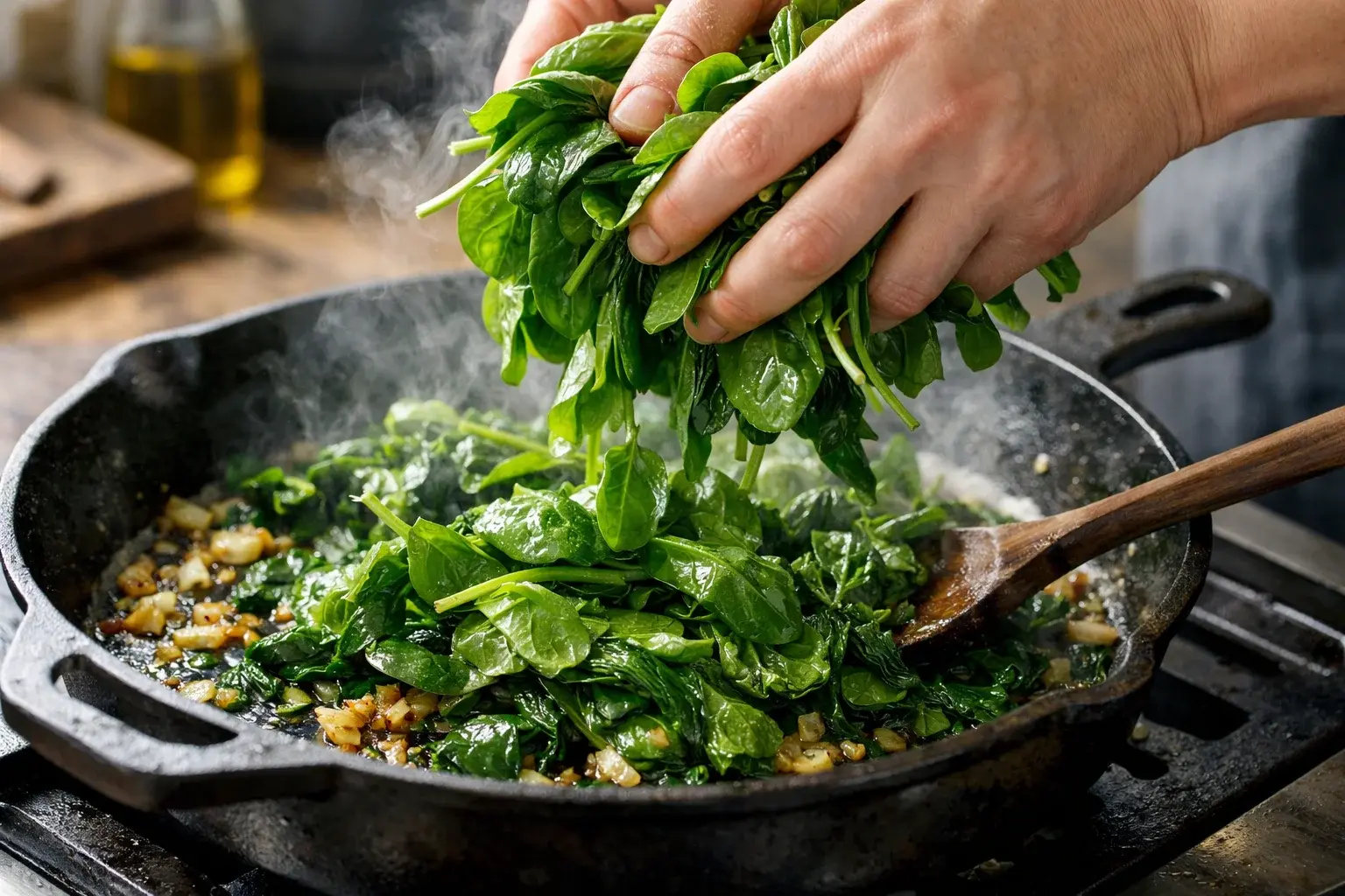 Mains ajoutant une poignée d'épinards frais dans la poêle avec les aromates, épinards en train de fondre et réduire