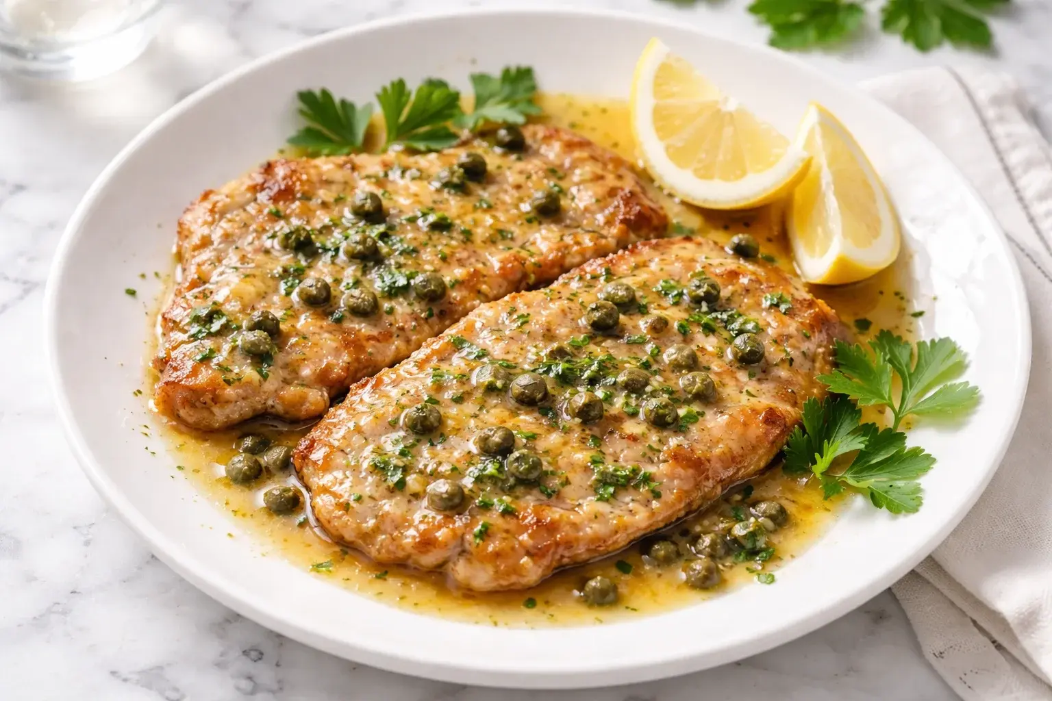 Assiette d'escalopes de veau piccata dressées avec câpres, persil haché et quartiers de citron sur fond marbre