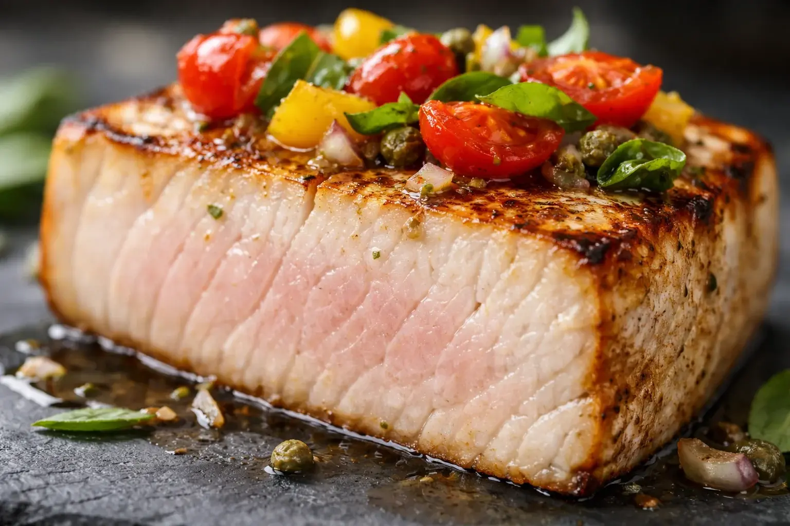 Gros plan sur la chair ferme de l'espadon grillé avec sa croûte dorée et la sauce vierge tomates cerises et basilic frais visible