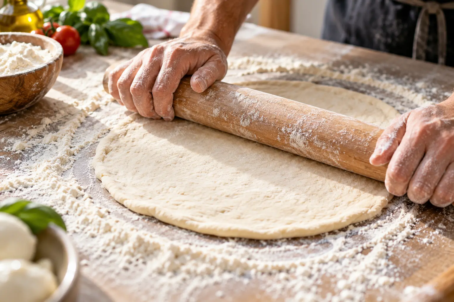 Pâte à pizza au yaourt grec étalée au rouleau sur un plan de travail fariné