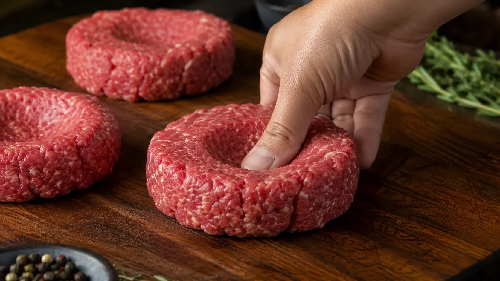 Mains façonnant un steak haché rond et épais avec empreinte de pouce au centre sur une planche en bois, autres steaks déjà formés