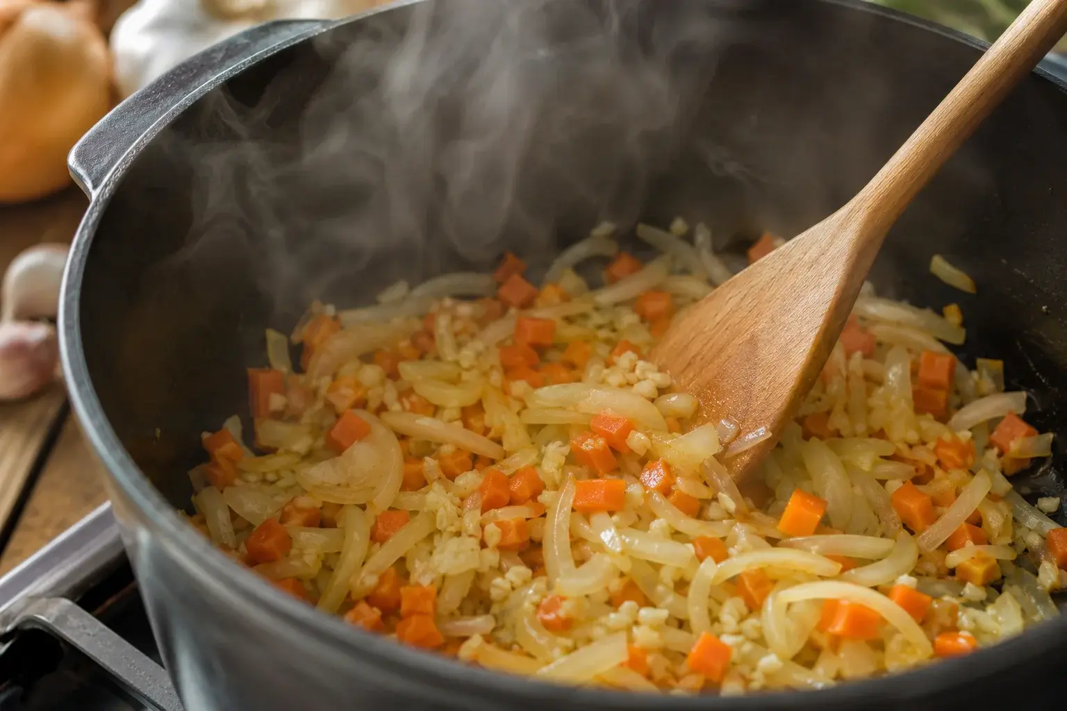 Oignon émincé, ail et carottes en train de suer dans une grande casserole en fonte avec spatule en bois