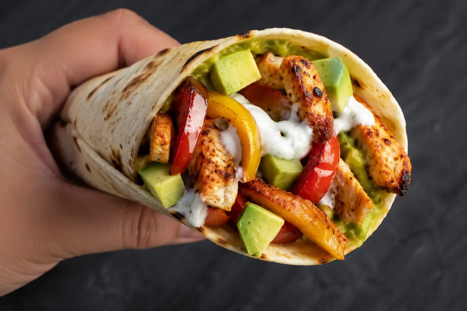Gros plan sur une fajita roulée garnie de lanières de poulet épicé, poivrons colorés et yaourt grec, tortilla légèrement dorée en main