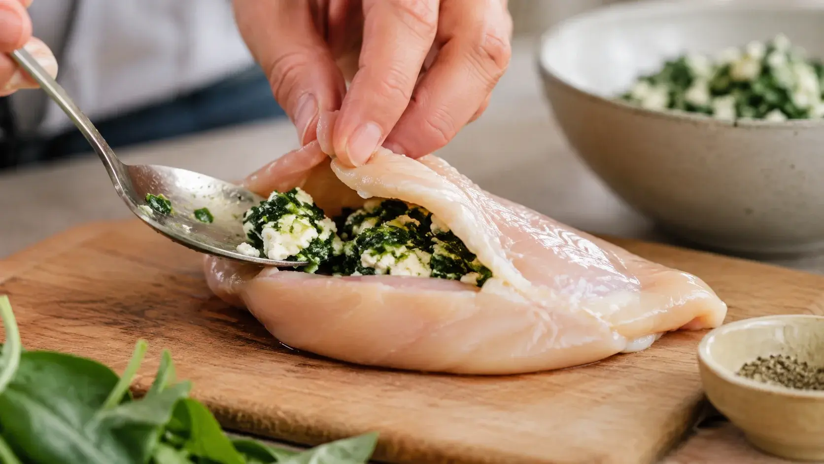Main qui garnit un blanc de poulet ouvert en poche avec une cuillère de farce verte aux épinards et feta
