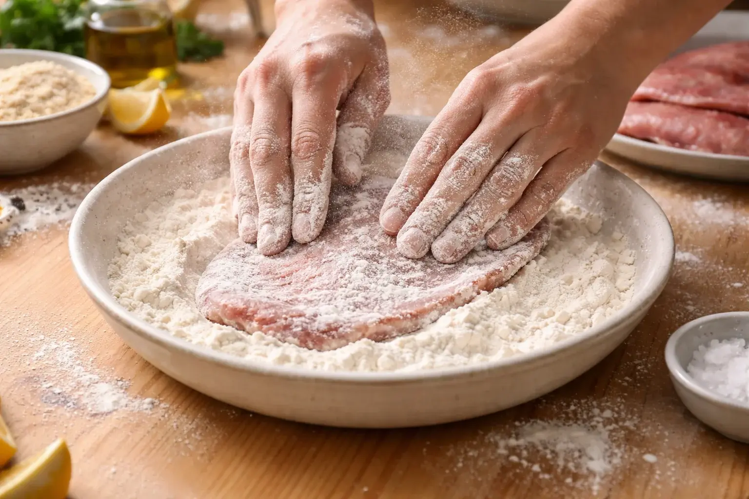 Mains en train de fariner une escalope de veau aplatie dans une assiette creuse avec de la farine assaisonnée