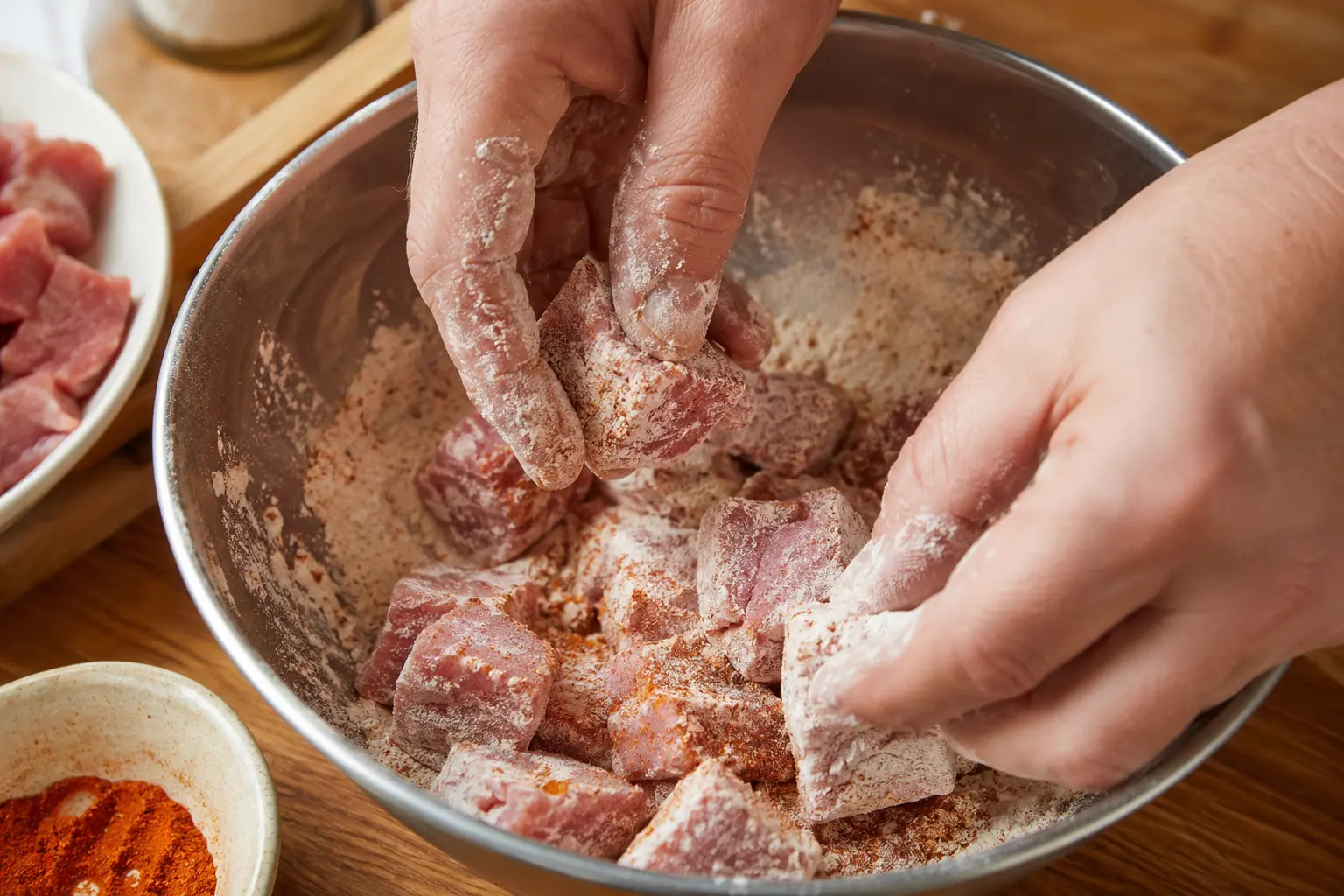 Cubes de veau roulés dans la farine assaisonnée dans un saladier