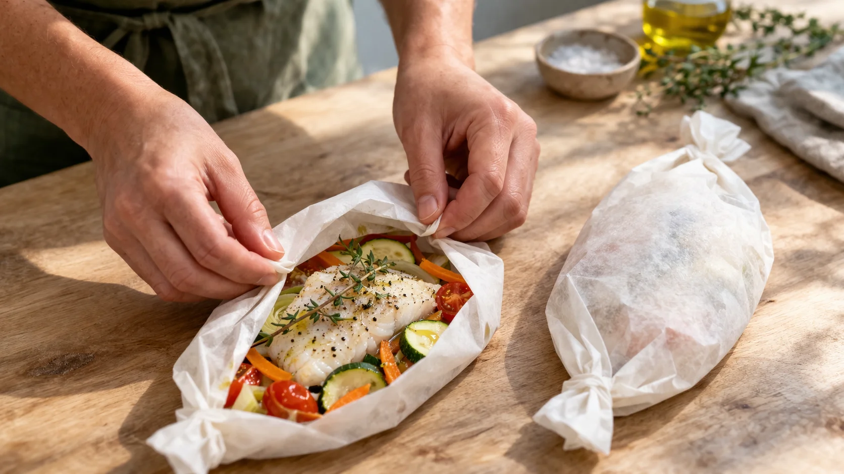 Deux papillotes de papier sulfurisé bien fermées et pliées disposées sur une plaque de cuisson noire, prêtes à enfourner