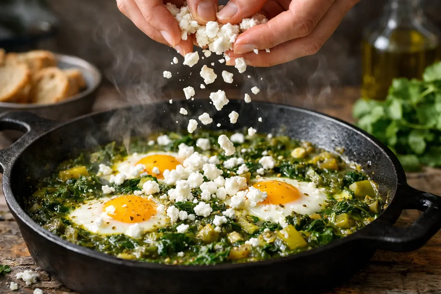 Main émiettant de la feta blanche sur le shakshuka verde avec les œufs pochés et la sauce verte dans la poêle fumante