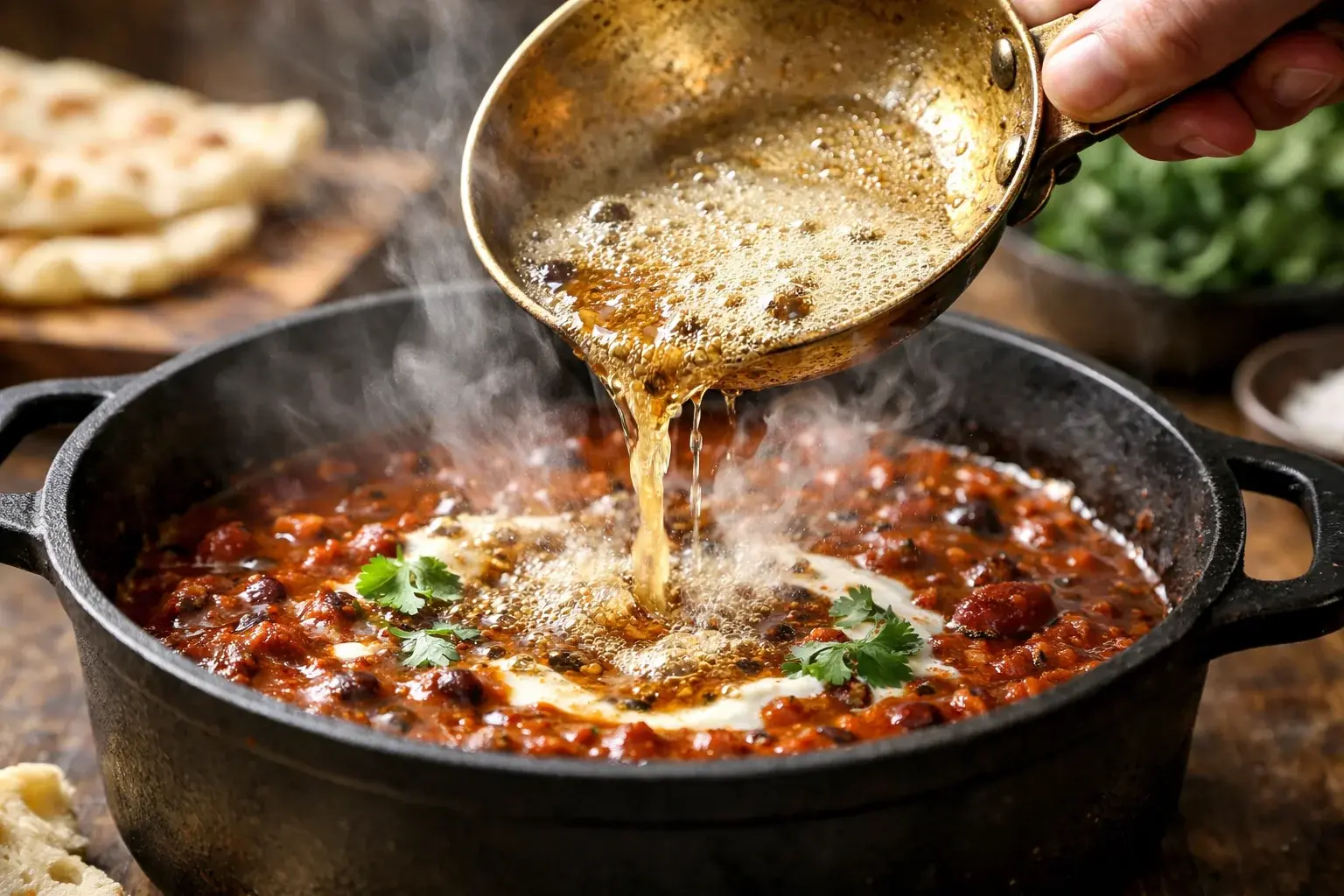Main versant du beurre noisette grésillant depuis une petite poêle directement dans la cocotte de dal makhani rouge profond