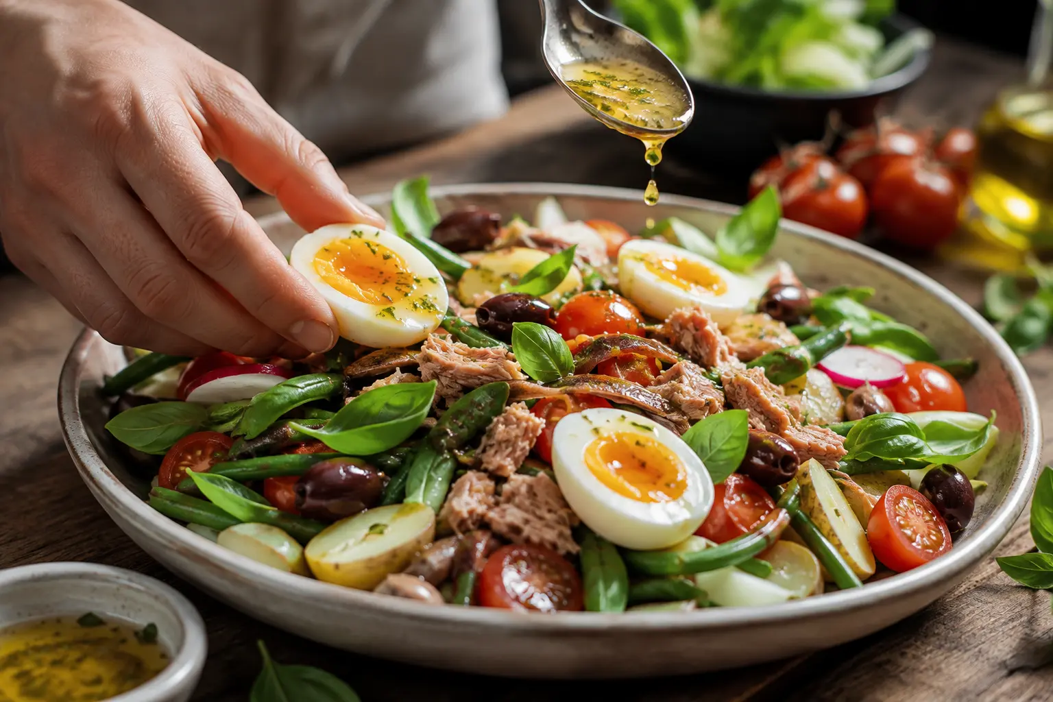 Œufs mollets coupés en deux déposés sur la salade niçoise avec la vinaigrette versée