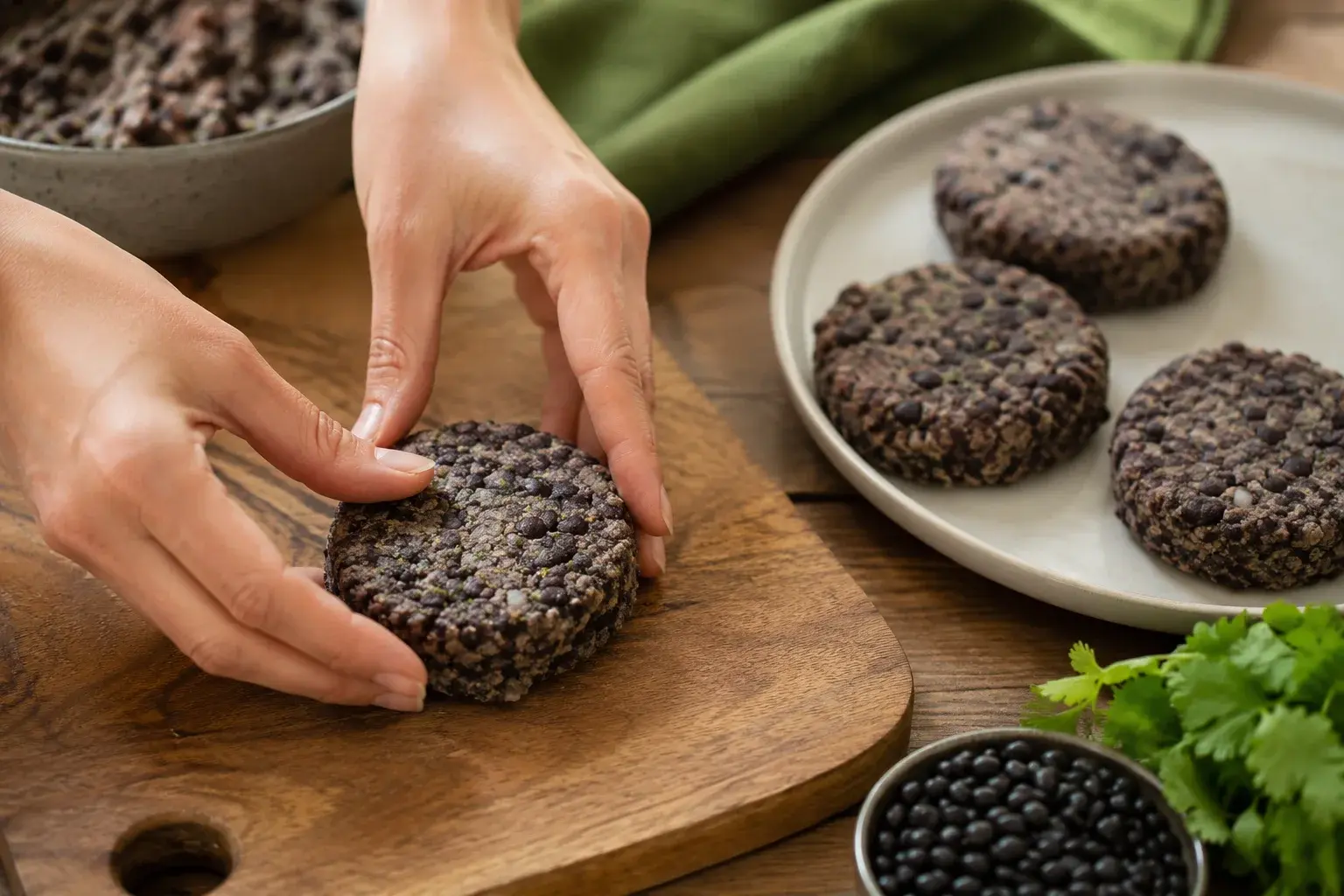 Mains qui forment un steak rond de haricots noirs sur une planche, trois autres steaks déjà façonnés posés à côté