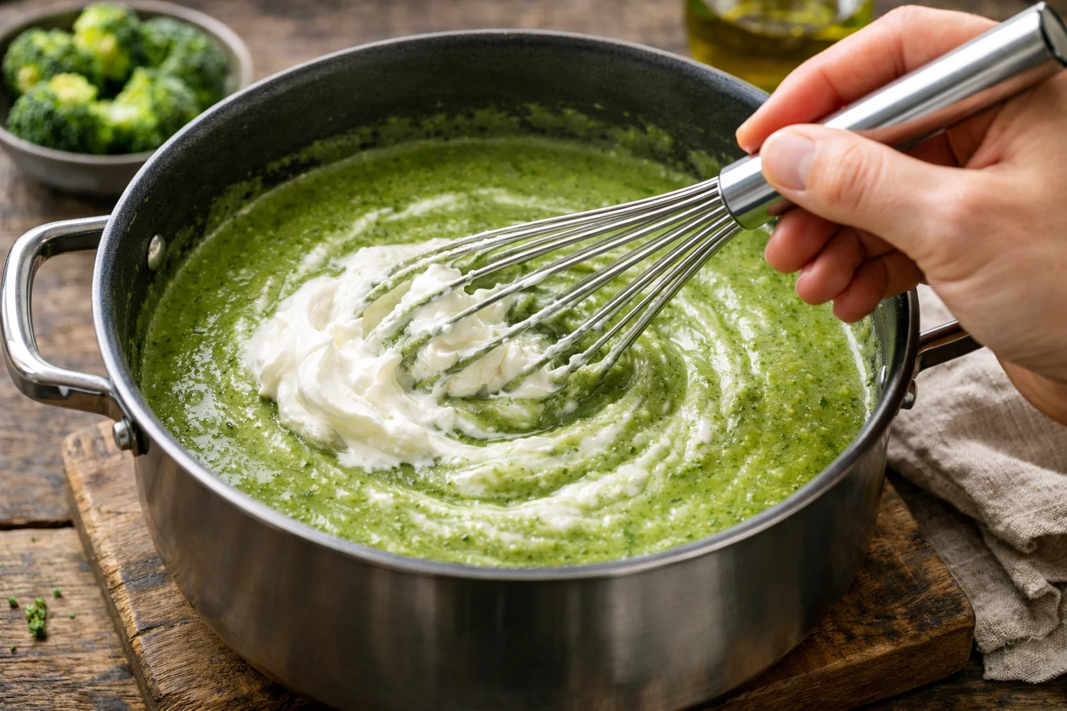 Main versant le fromage blanc dans le velouté de brocolis vert chaud de la casserole, fouet mélangeant pour l'incorporer