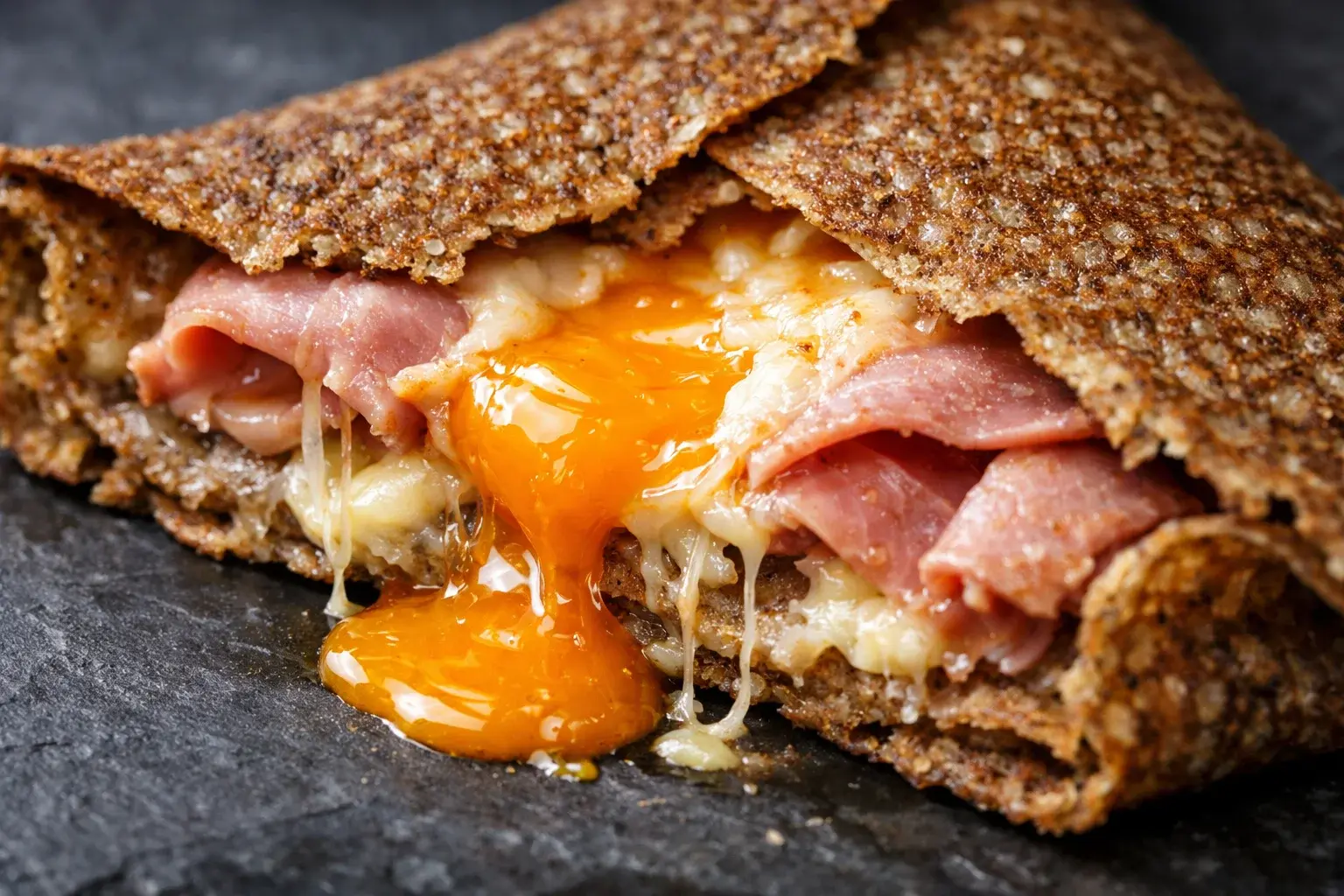 Gros plan sur la galette de sarrasin coupée révélant le jaune d'œuf coulant orangé, jambon rose et fromage fondu en fils, bords croustillants de sarrasin brun, fond ardoise sombre