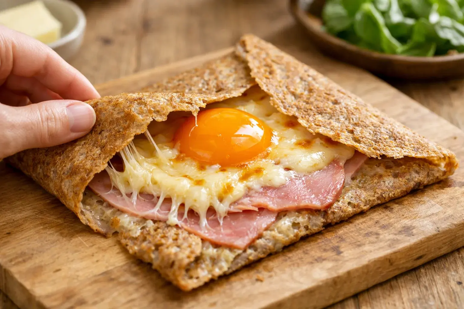 Main repliant délicatement un bord de la galette de sarrasin garnie sur le dessus, fromage fondu en fils visible, jaune d'oeuf orangé au centre sur le jambon, bords croustillants dorés, plan de travail en bois clair