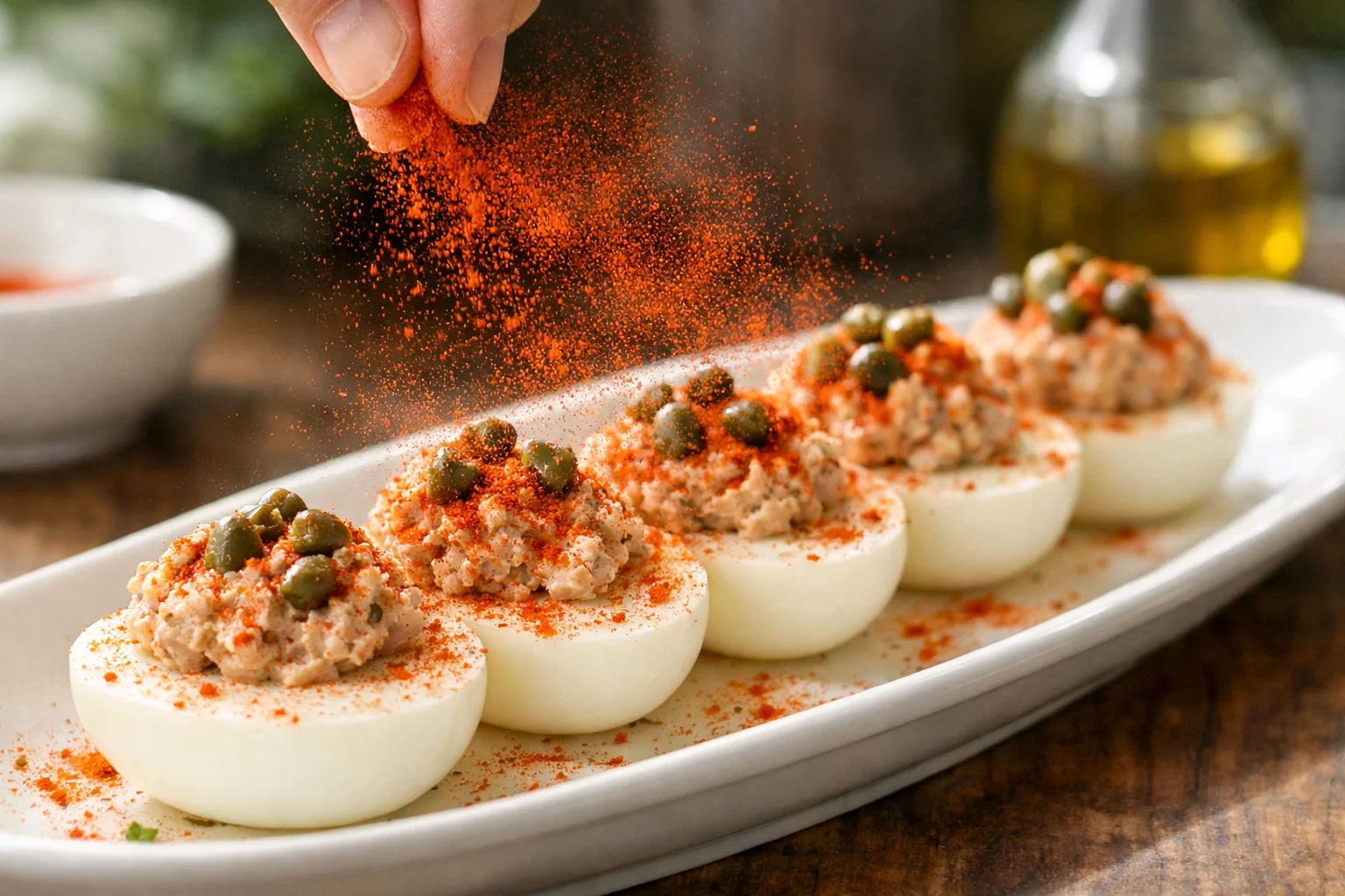 Main posant une câpre entière au sommet d'un demi-œuf farci au thon sur un plat de service, paprika saupoudré à côté