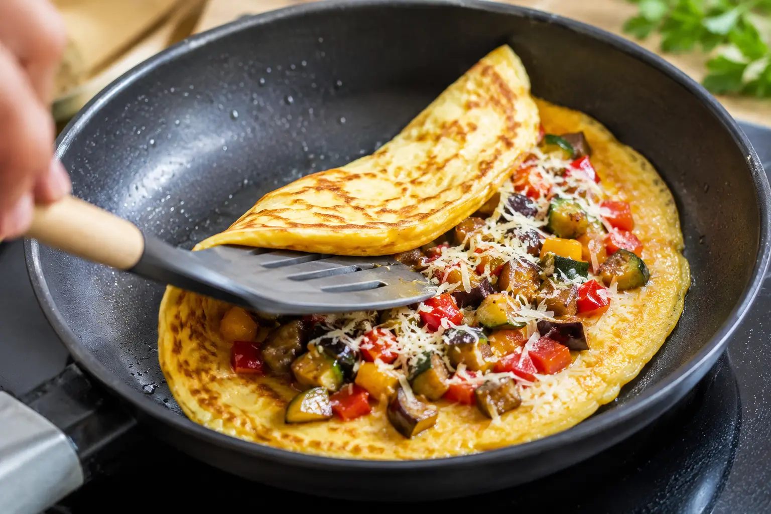Omelette garnie de ratatouille colorée en train d'être pliée à la spatule dans la poêle