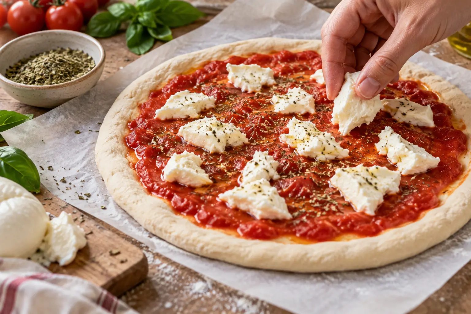 Main répartissant des morceaux de mozzarella sur la pizza margherita avant cuisson