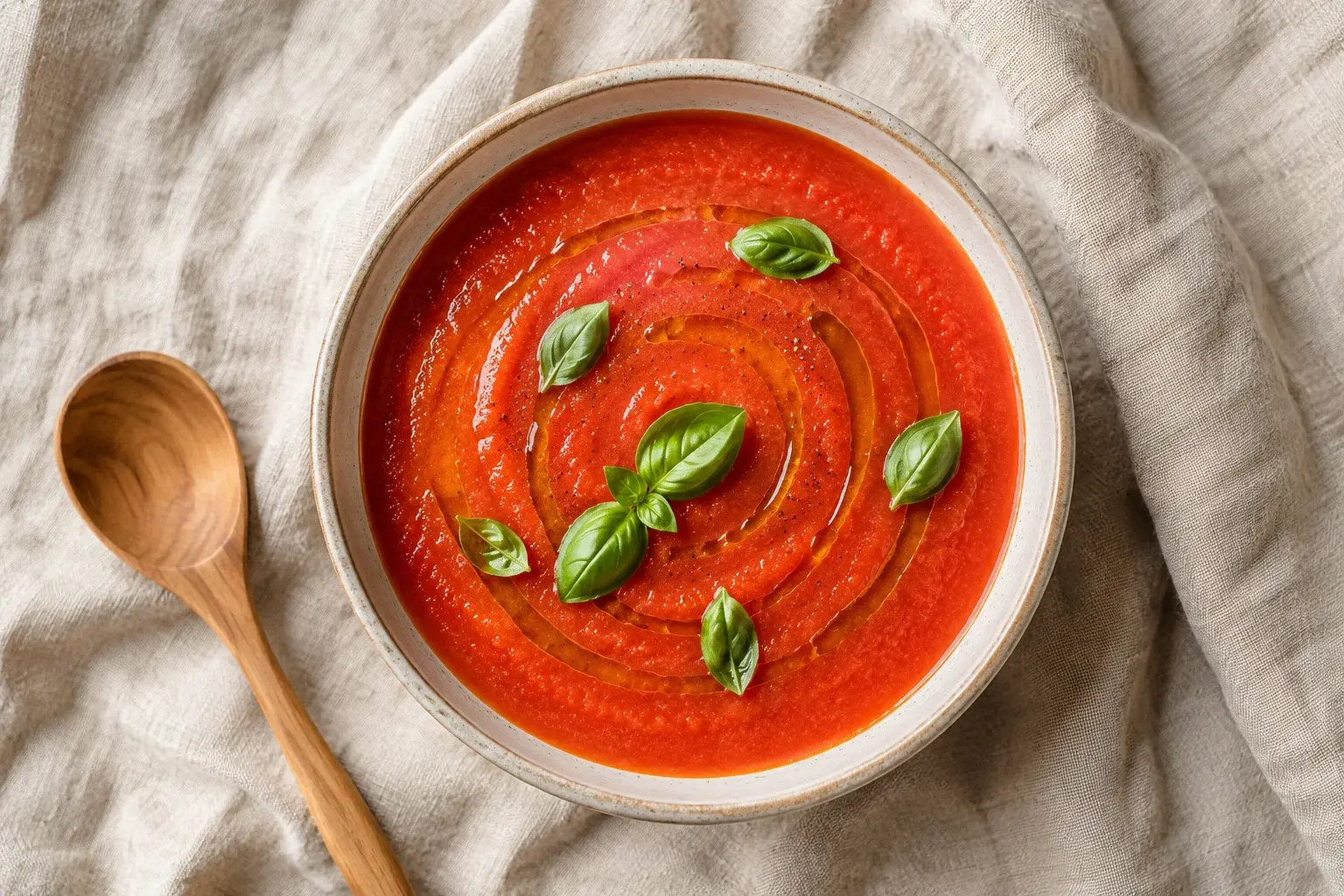 Vue plongeante sur un bol de gaspacho tomates-poivrons garni de graines de tournesol