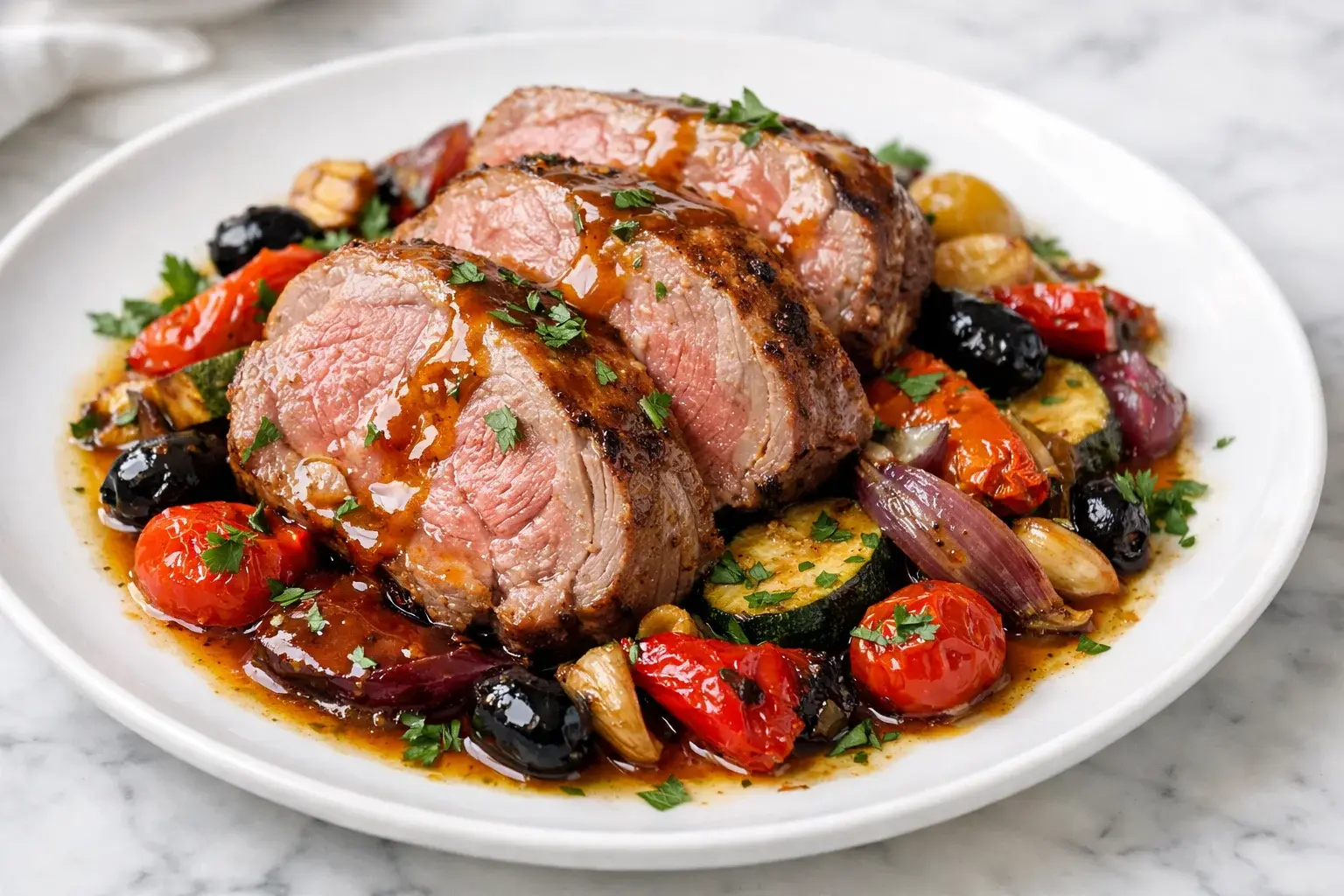 Tranches de gigot d'agneau rosé et fondant dressées sur une assiette avec légumes méditerranéens confits et jus de cuisson