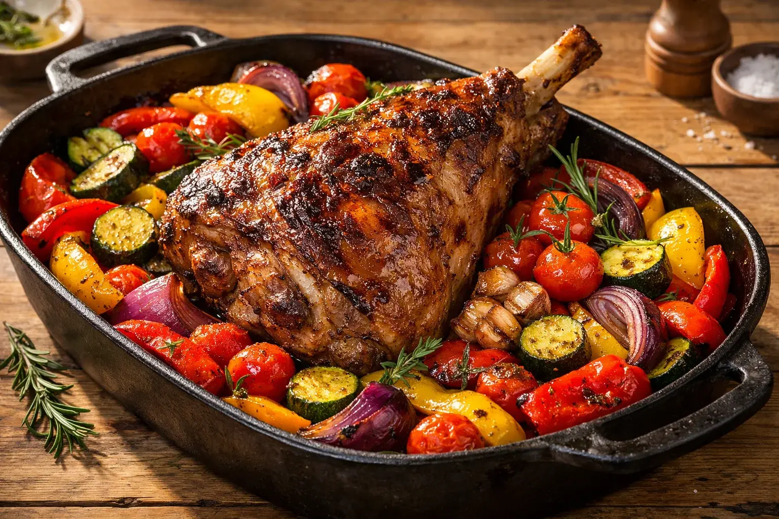 Gigot d'agneau rôti aux légumes méditerranéens