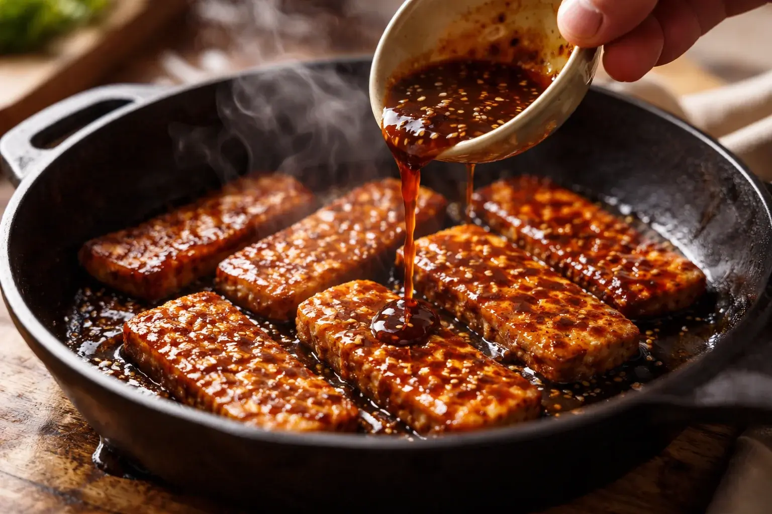 Tranches de tempeh grillées dans la poêle avec la marinade qui réduit et caramélise, glaçage brillant visible sur la viande