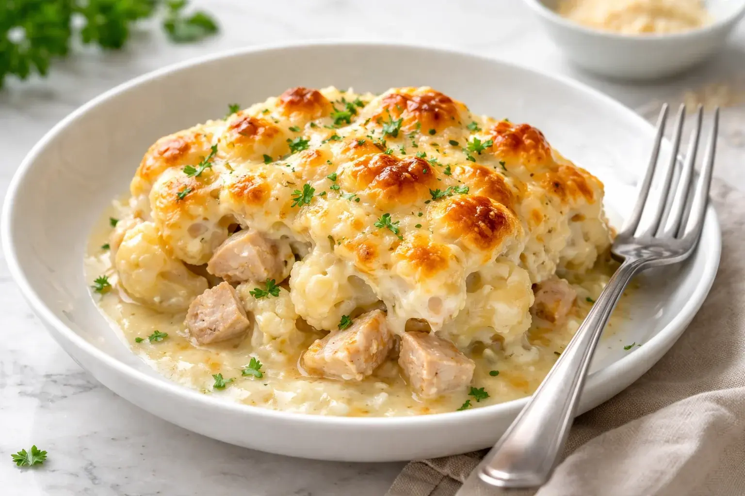 Part de gratin chou-fleur parmesan poulet avec croûte dorée et vapeur, vue de près