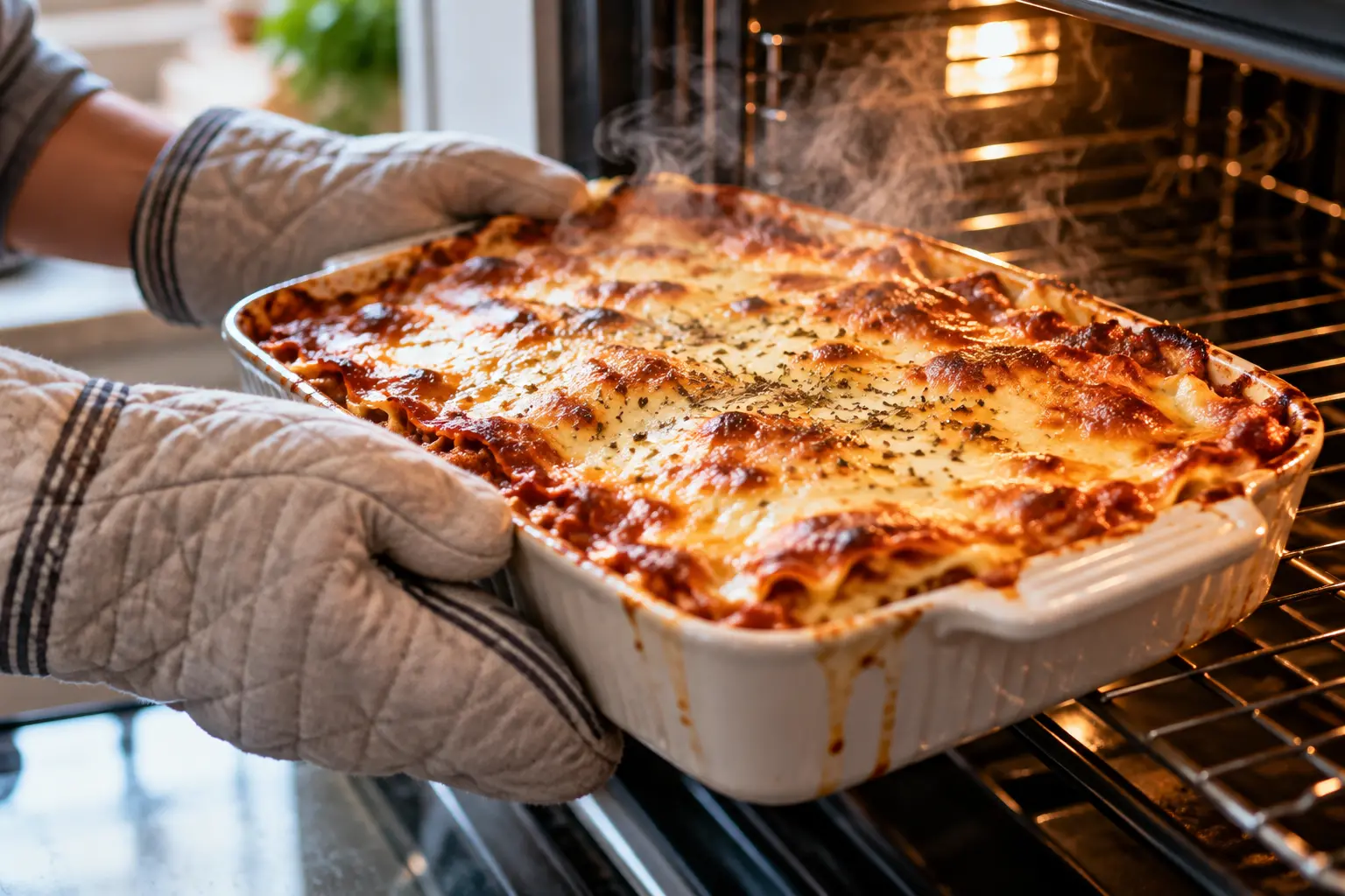 Lasagnes bolognaise protéinées sortant du four avec un gratin doré et bouillonnant