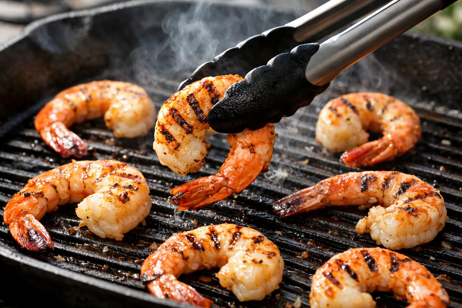 Crevettes roses en train de griller sur une poêle grill striée très chaude avec marques de grill et légère fumée visible