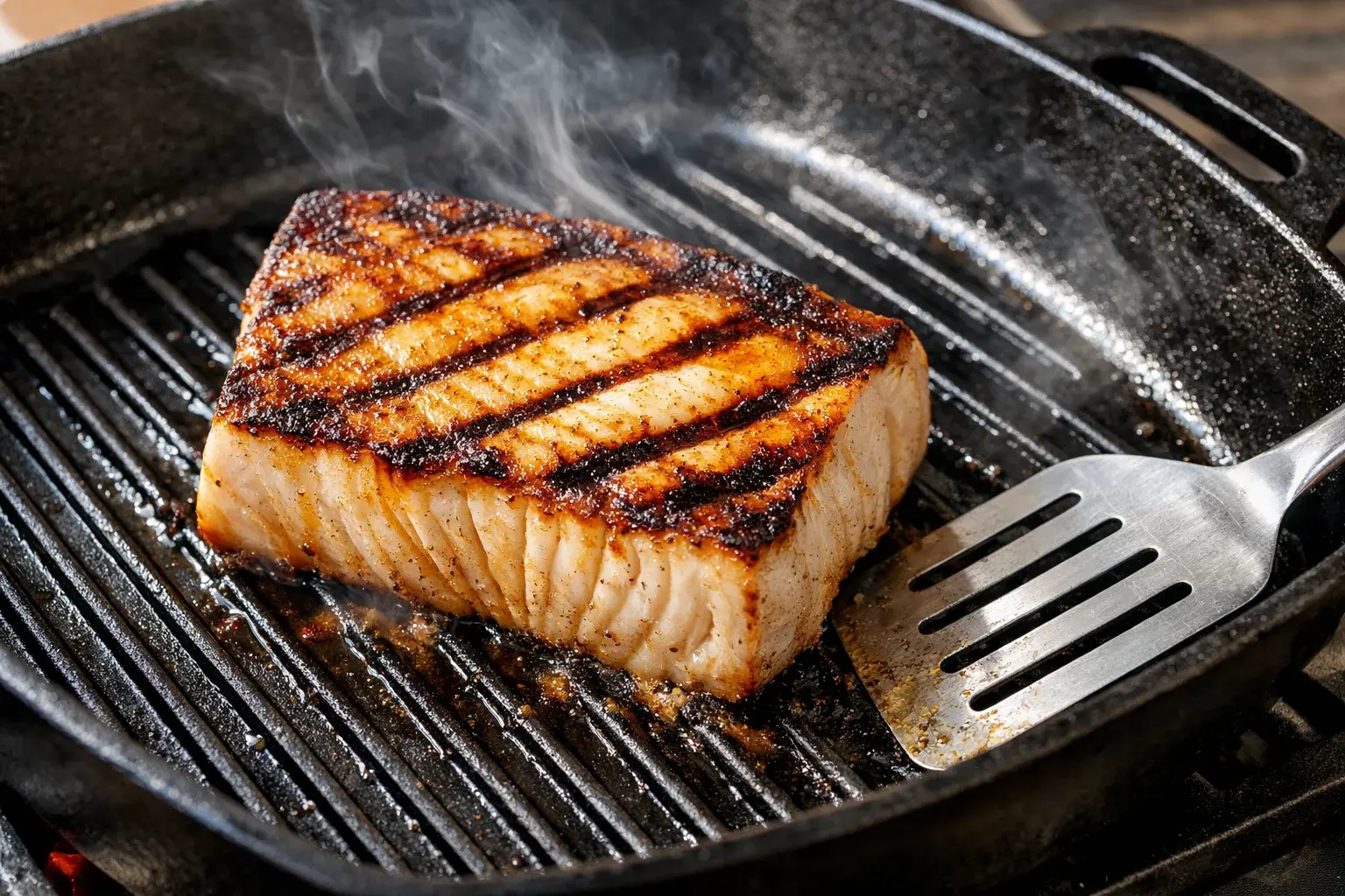 Pavé d'espadon épais en train de griller dans une poêle grill en fonte très chaude, belle croûte dorée visible avec marques de grill