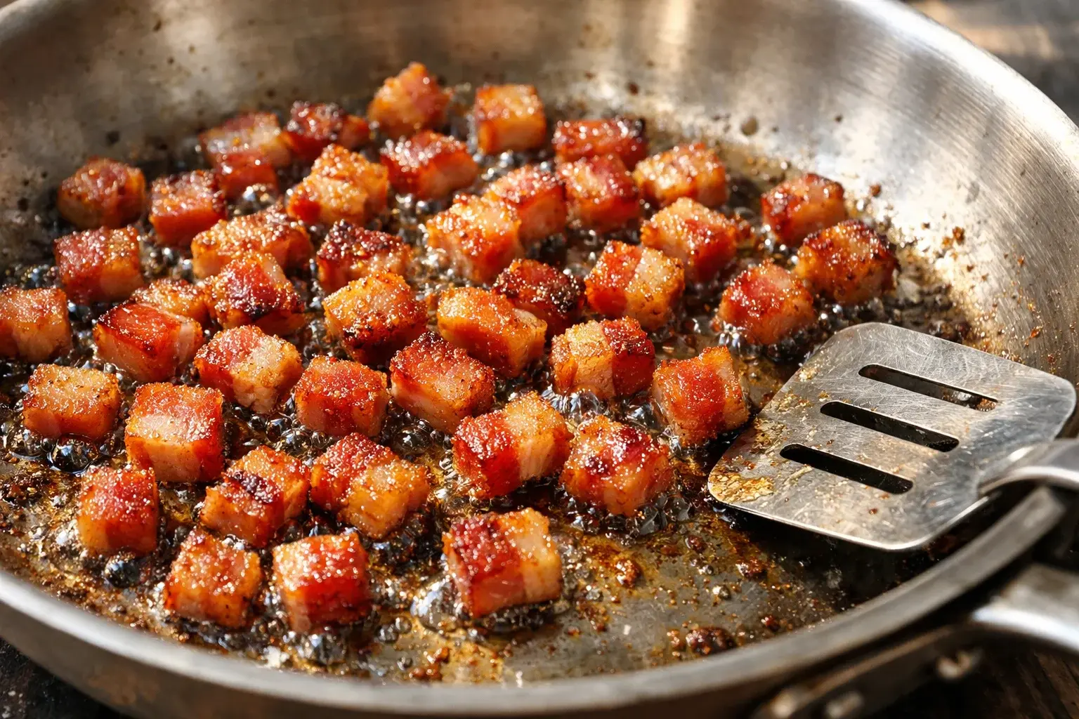 Dés de pancetta en train de griller et dorer dans une grande poêle sans matière grasse, spatule visible