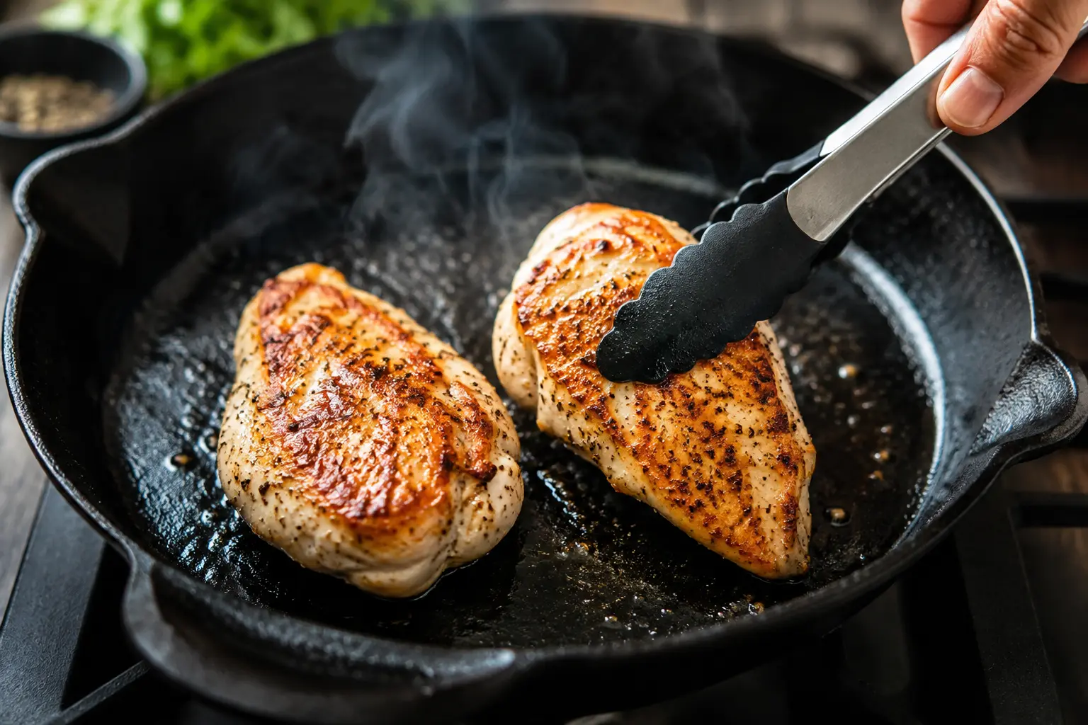 Filets de poulet en train de griller dans une poêle chaude avec une belle coloration dorée